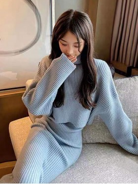 Solid Color Ribbed Sweater and Dress Set